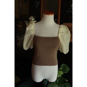 Women's NWT Miou Muse Brown and Cream Puff Sleeves Crop Top Size L